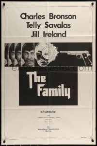 6t277 FAMILY 1sh '73 Telly Savalas, great black & white image of Charles Bronson & gun!