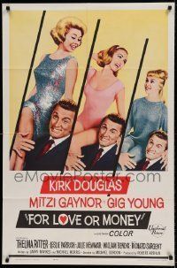 6t299 FOR LOVE OR MONEY 1sh '63 Kirk Douglas carries sexy Mitzi Gaynor, Thelma Ritter!