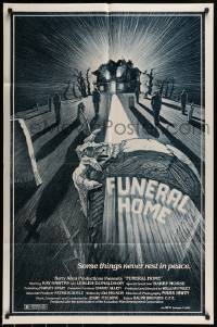 6t323 FUNERAL HOME 1sh '82 cool art of zombie hand grabbing tombstone from inside its grave!