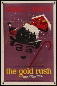 6t349 GOLD RUSH 1sh R59 Charlie Chaplin classic, wonderful art by Leo Kouper!