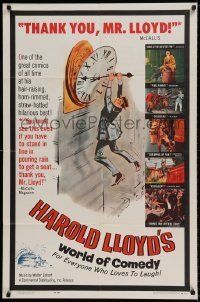 6t378 HAROLD LLOYD'S WORLD OF COMEDY 1sh '62 classic image hanging from clock from Safety Last!