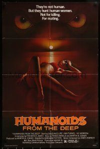 6t420 HUMANOIDS FROM THE DEEP 1sh '80 classic sexy art of eyes looming over sexy girl on beach!