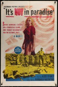 6t445 IT'S HOT IN PARADISE 1sh '62 c/u of sexy blondes tearing off clothes in a vicious catfight!
