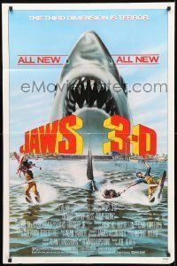 6t449 JAWS 3-D 1sh '83 great Gary Meyer shark artwork, the third dimension is terror!