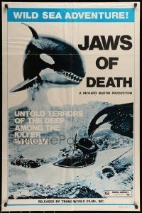 6t450 JAWS OF DEATH 1sh '77 cool artwork of two killer whales attacking man in kayak!