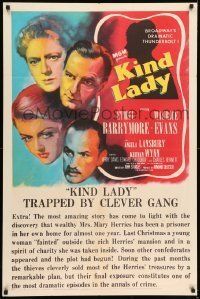 6t472 KIND LADY 1sh '51 John Sturges, Ethel Barrymore, Angela Lansbury, art of top cast!