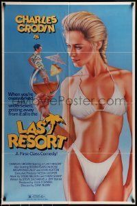 6t487 LAST RESORT 1sh '86 wacky sexy art of woman in bikini holding Charles Grodin in glass!