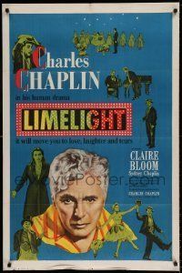 6t504 LIMELIGHT 1sh '52 many images of aging Charlie Chaplin & pretty young Claire Bloom!