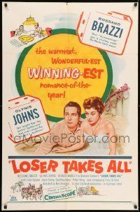 6t522 LOSER TAKES ALL 1sh '57 artwork of Rossano Brazzi, Glynis Johns in nightie!