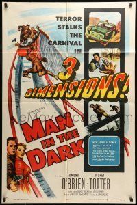6t551 MAN IN THE DARK 3D 1sh '53 really cool art of men fighting on rollercoaster!