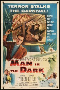 6t550 MAN IN THE DARK 2D 1sh '53 really cool art of men fighting on rollercoaster!