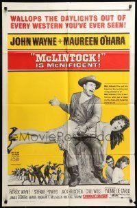6t573 McLINTOCK 1sh '63 best image of John Wayne giving Maureen O'Hara a spanking!