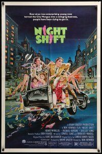 6t634 NIGHT SHIFT 1sh '82 Michael Keaton, Henry Winkler, sexy girls in hearse art by Mike Hobson!