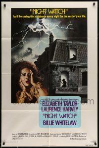 6t635 NIGHT WATCH 1sh '73 Laurence Harvey, Billie Whitelaw, art of scared Elizabeth Taylor!