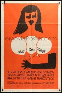 6t657 ONE, TWO, THREE 1sh '62 Billy Wilder, wonderful Saul Bass art of girl with balloons!