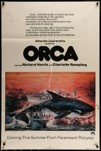 6t660 ORCA advance 1sh '77 artwork of attacking Killer Whale by John Berkey, it kills for revenge!