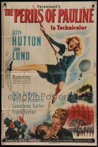 6t679 PERILS OF PAULINE style A 1sh '47 wacky art of Betty Hutton as silent screen heroine!