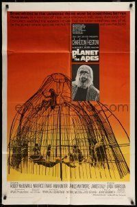 6t692 PLANET OF THE APES 1sh '68 Charlton Heston, classic sci-fi, cool art of caged humans!