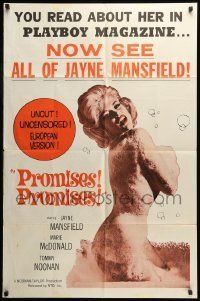 6t714 PROMISES PROMISES 1sh '63 sexy image of nude Jayne Mansfield covered only with bubbles!