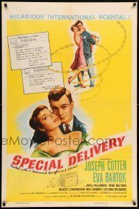 6t823 SPECIAL DELIVERY style B 1sh '55 Cotten & Eva Bartok in a hilarious international scandal!