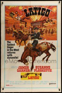 6t849 SUPPORT YOUR LOCAL GUNFIGHTER int'l 1sh '71 Latigo, art of cowboy James Garner on donkey!
