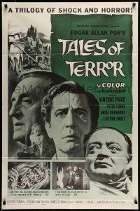 6t860 TALES OF TERROR 1sh '62 great close images of Peter Lorre, Vincent Price & Basil Rathbone!