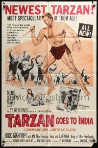 6t865 TARZAN GOES TO INDIA 1sh '62 great image of Jock Mahoney as the King of the Jungle!