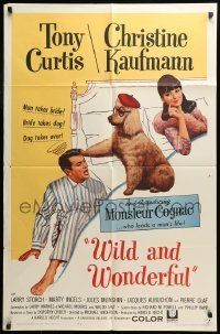 6t974 WILD & WONDERFUL 1sh '64 wacky image of Tony Curtis, Christine Kaufmann, & Monsieur Cognac!