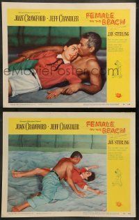 6w910 FEMALE ON THE BEACH 2 LCs '55 both great images of sexiest Joan Crawford and Jeff Chandler!