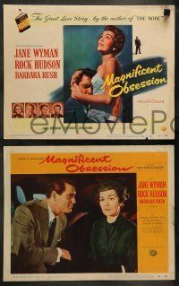 6w267 MAGNIFICENT OBSESSION 8 LCs '54 Jane Wyman holding hands with Rock Hudson on beach!