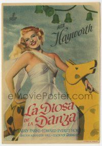 6x450 DOWN TO EARTH Spanish herald '49 different image of beautiful Rita Hayworth on toy horse!