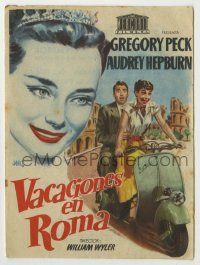 6x817 ROMAN HOLIDAY Spanish herald R1950s Jano art of Audrey Hepburn & Gregory Peck riding on Vespa!