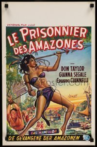 6y306 LOVE-SLAVES OF THE AMAZONS Belgian '57 art of sexy barely-dressed native throwing spear!