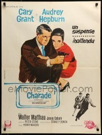 6y729 CHARADE French 24x32 '64 tough Cary Grant & sexy Audrey Hepburn, artwork by Vanni Tealdi!
