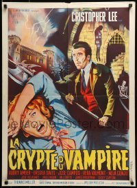 6y765 TERROR IN THE CRYPT French 23x32 '65 cool Piovano art of Christopher Lee w/huge axe!