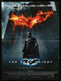 6y780 DARK KNIGHT French 16x22 '08 Christian Bale as Batman in front of flaming building!