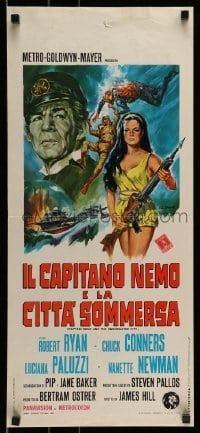 6y460 CAPTAIN NEMO & THE UNDERWATER CITY Italian locandina '70 art of cast, scuba divers & ship!