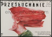 6y969 INTERROGATION Polish 27x38 '89 wild Pagowski art of woman with gagged face in her hair!