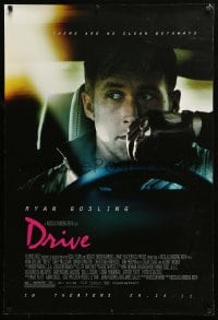 6z275 DRIVE advance DS 1sh 2011 cool image of Ryan Gosling in car, directed by Nicolas Winding Refn!