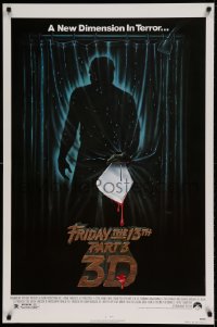 6z343 FRIDAY THE 13th PART 3 - 3D 1sh 1982 slasher sequel, art of Jason stabbing through shower!