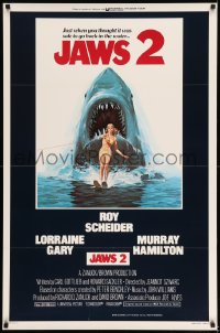 6z502 JAWS 2 int'l 1sh 1978 classic art of giant shark attacking girl on water skis by Lou Feck!