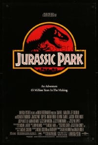 6z509 JURASSIC PARK DS 1sh 1993 Steven Spielberg, classic logo with T-Rex over red background