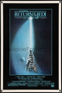 6z014 RETURN OF THE JEDI 1sh 1983 George Lucas, art of hands holding lightsaber by Tim Reamer!