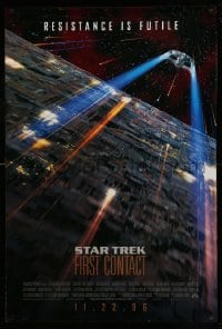 6z861 STAR TREK: FIRST CONTACT int'l advance DS 1sh 1996 starship Enterprise above Borg cube!