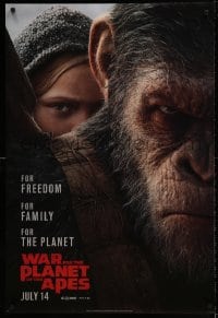 6z964 WAR FOR THE PLANET OF THE APES style B teaser DS 1sh 2017 close-up image of Caesar and Greer!