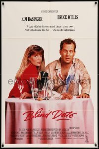 7b084 BLIND DATE int'l 1sh 1987 sexy Kim Basinger at table with down-on-his-luck Bruce Willis!
