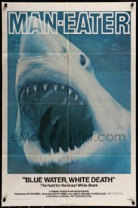 7b096 BLUE WATER, WHITE DEATH 1sh 1971 cool super close image of great white shark with open mouth!