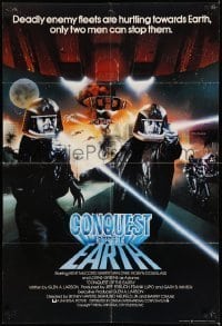 7b151 CONQUEST OF THE EARTH English 1sh 1980 great image of wacky aliens terrorizing Hollywood!