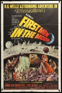 7b255 FIRST MEN IN THE MOON 1sh 1964 Ray Harryhausen, H.G. Wells, fantastic sci-fi art!