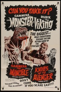 7b285 GAMMERA THE INVINCIBLE/KNIVES OF THE AVENGER 1sh 1960s sci-fi horror, can you take it?!